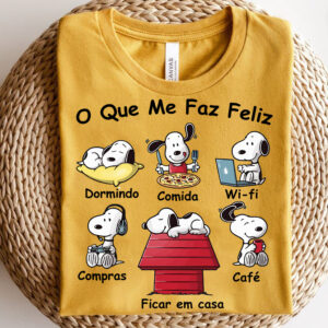 Camiseta Snoopy O Que Me Faz Feliz Dormindo Comida Wi-fi Compras Ficar Em Casa Café